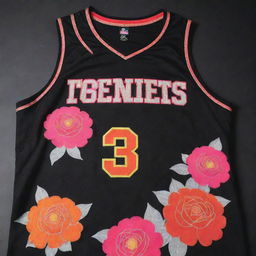 A black basketball jersey adorned with a side design of red, pink and orange flowers. The jersey proudly displays golden and silver lettering.