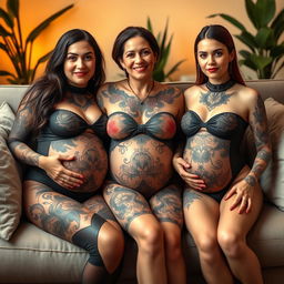 A 43-year-old pregnant woman with heavy, engorged breasts, adorned with a few tattoos, sits comfortably on a stylish sofa