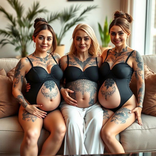 A 43-year-old pregnant woman with heavy, engorged breasts, adorned with a few tattoos, sits comfortably on a stylish sofa