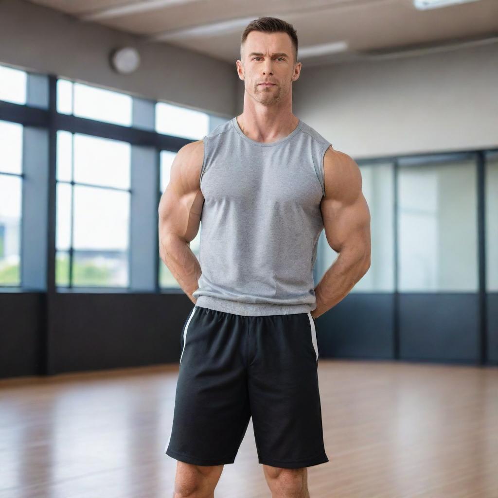 Anime style muscular male PE teacher, dressed in a sports outfit, standing confidently against a background of a spacious gym