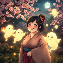 A chubby Japanese woman with an inviting smile and warm, expressive eyes, dressed in a traditional kimono with intricate floral patterns