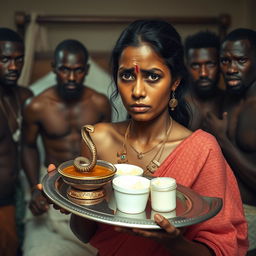 A scared, bruised young beautiful Indian woman holding a tray filled with oil, butter, and Vaseline, which includes a small statue of a snake on the tray