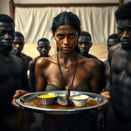 A scared, bruised young beautiful Indian woman holding a tray filled with oil, butter, and Vaseline, which includes a small statue of a snake on the tray