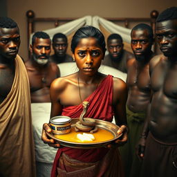 A scared, bruised young beautiful Indian woman holding a tray filled with oil, butter, and Vaseline, which includes a small statue of a snake on the tray