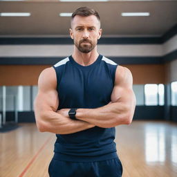 Anime style muscular male PE teacher, dressed in a sports outfit, standing confidently against a background of a spacious gym