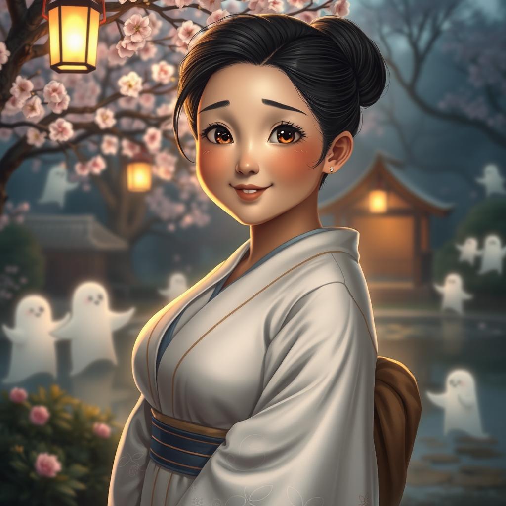 A realistic portrayal of a chubby Japanese woman, featuring a round face with gentle, expressive features and warm, inviting brown eyes