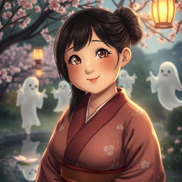 A realistic portrayal of a chubby Japanese woman, featuring a round face with gentle, expressive features and warm, inviting brown eyes