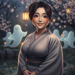 A realistic portrayal of a chubby Japanese woman, featuring a round face with gentle, expressive features and warm, inviting brown eyes