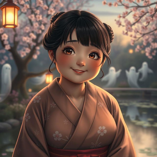 A realistic portrayal of a chubby Japanese woman, featuring a round face with gentle, expressive features and warm, inviting brown eyes