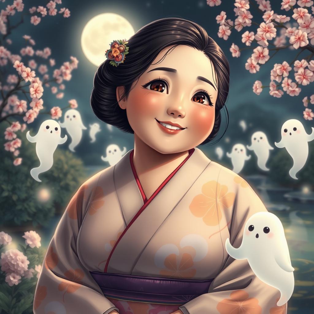 A realistic portrayal of a chubby Japanese woman with a gentle smile, round face, and warm, expressive brown eyes