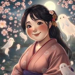 A realistic portrayal of a chubby Japanese woman with a gentle smile, round face, and warm, expressive brown eyes