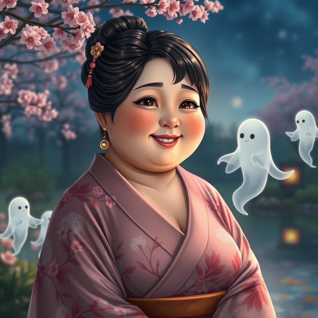 A realistic depiction of a chubby Japanese woman, characterized by her round face, soft features, and warm, expressive brown eyes