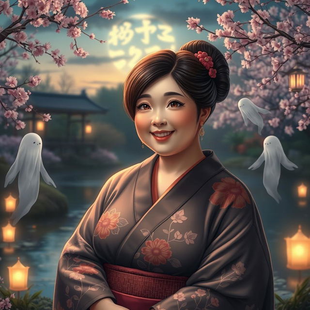 A realistic depiction of a chubby Japanese woman, characterized by her round face, soft features, and warm, expressive brown eyes