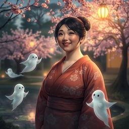 A realistic depiction of a chubby Japanese woman, characterized by her round face, soft features, and warm, expressive brown eyes