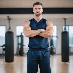 Anime style muscular male PE teacher, dressed in a sports outfit, standing confidently against a background of a spacious gym