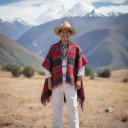 A typical Ecuadorian person, wearing a traditional Andean outfit with a colorful poncho, white trousers, and a felt hat. The person has a warm, friendly smile and stands in front of the stunning backdrop of the Andes Mountains.