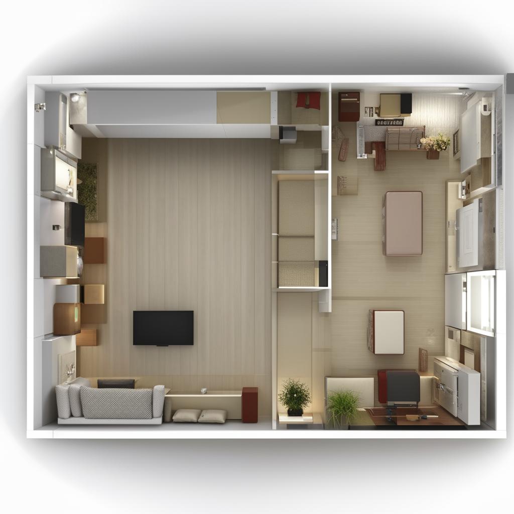 A 3D view of a 12x20 feet living room layout, with a fashionable TV unit placed on the 12 feet wall, and plush couches lined along the 20 feet wall. The full room design efficiently utilizes space while encapsulating comfort and modern appeal.