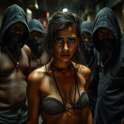 A scared, bruised young beautiful mature Indian woman dressed in provocative street clothing, depicting the harsh realities of her life as a street prostitute