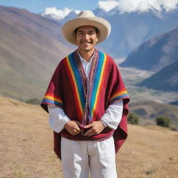 A typical Ecuadorian person, wearing a traditional Andean outfit with a colorful poncho, white trousers, and a felt hat. The person has a warm, friendly smile and stands in front of the stunning backdrop of the Andes Mountains.