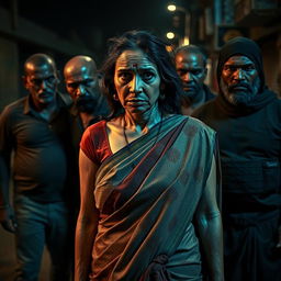 A scared, bruised, beautiful mature Indian lady wearing a saree, illustrating the struggles and hardships of her life as a street prostitute