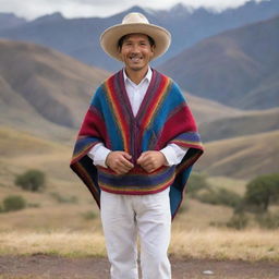 A typical Ecuadorian person, wearing a traditional Andean outfit with a colorful poncho, white trousers, and a felt hat. The person has a warm, friendly smile and stands in front of the stunning backdrop of the Andes Mountains.