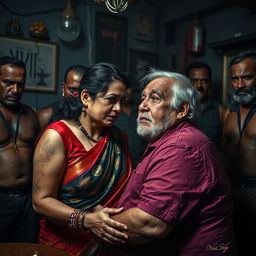 A scared, bruised, beautiful mature Indian lady in a colorful saree, capturing the emotional weight of her situation as she engages with an old, fat, unattractive white man in a brothel setting