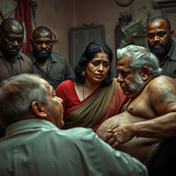 A scared, bruised, beautiful mature Indian lady in a colorful saree, capturing the emotional weight of her situation as she engages with an old, fat, unattractive white man in a brothel setting