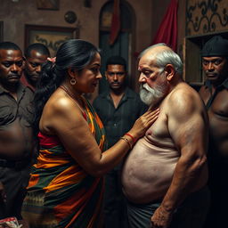 A scared, bruised, beautiful mature Indian lady in a colorful saree, capturing the emotional weight of her situation as she engages with an old, fat, unattractive white man in a brothel setting