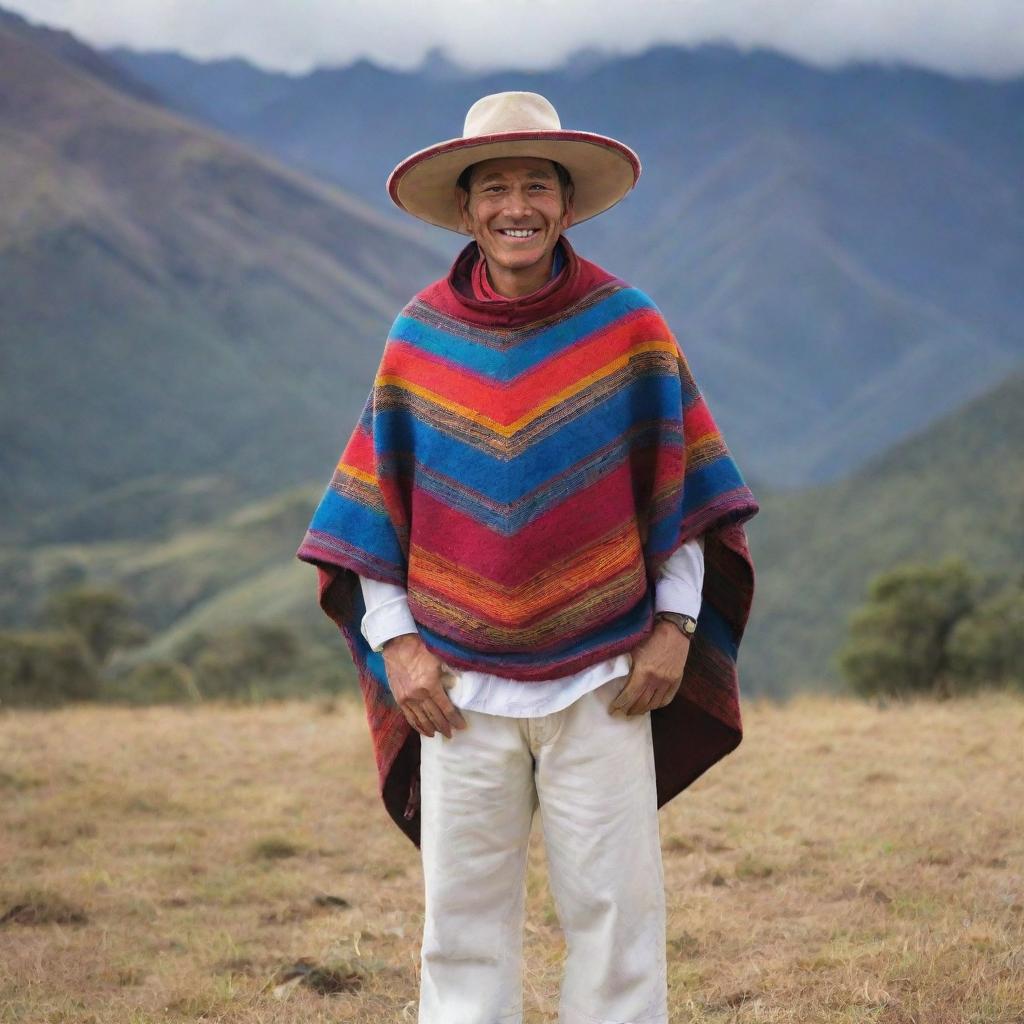 A typical Ecuadorian person, wearing a traditional Andean outfit with a colorful poncho, white trousers, and a felt hat. The person has a warm, friendly smile and stands in front of the stunning backdrop of the Andes Mountains.