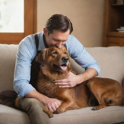 A charming image of a caring man tending to his brown dog, gently brushing its fur with a loving affection in a cozy home setting.