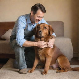 A charming image of a caring man tending to his brown dog, gently brushing its fur with a loving affection in a cozy home setting.