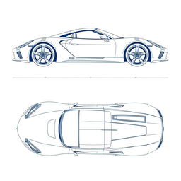 A detailed blueprints of a sleek sports car, showcasing the right, front, back, and top views in a precise and technical style