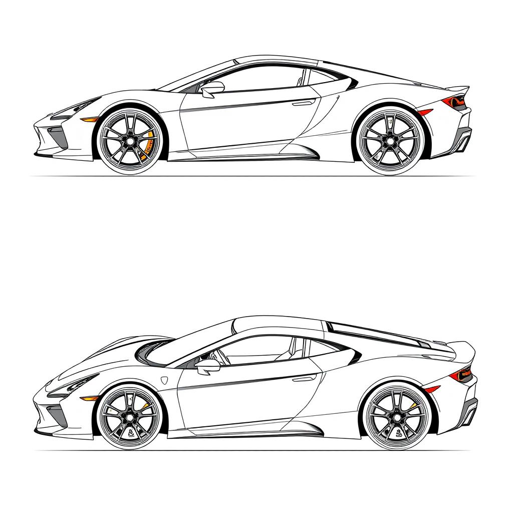 A detailed blueprints of a sleek sports car, showcasing the right, front, back, and top views in a precise and technical style