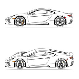 A detailed blueprints of a sleek sports car, showcasing the right, front, back, and top views in a precise and technical style