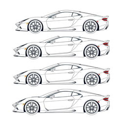 A detailed blueprints of a sleek sports car, showcasing the right, front, back, and top views in a precise and technical style