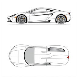 A detailed blueprints of a sleek sports car, showcasing the right, front, back, and top views in a precise and technical style