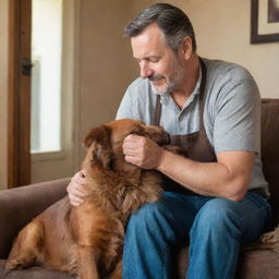 A charming image of a caring man tending to his brown dog, gently brushing its fur with a loving affection in a cozy home setting.