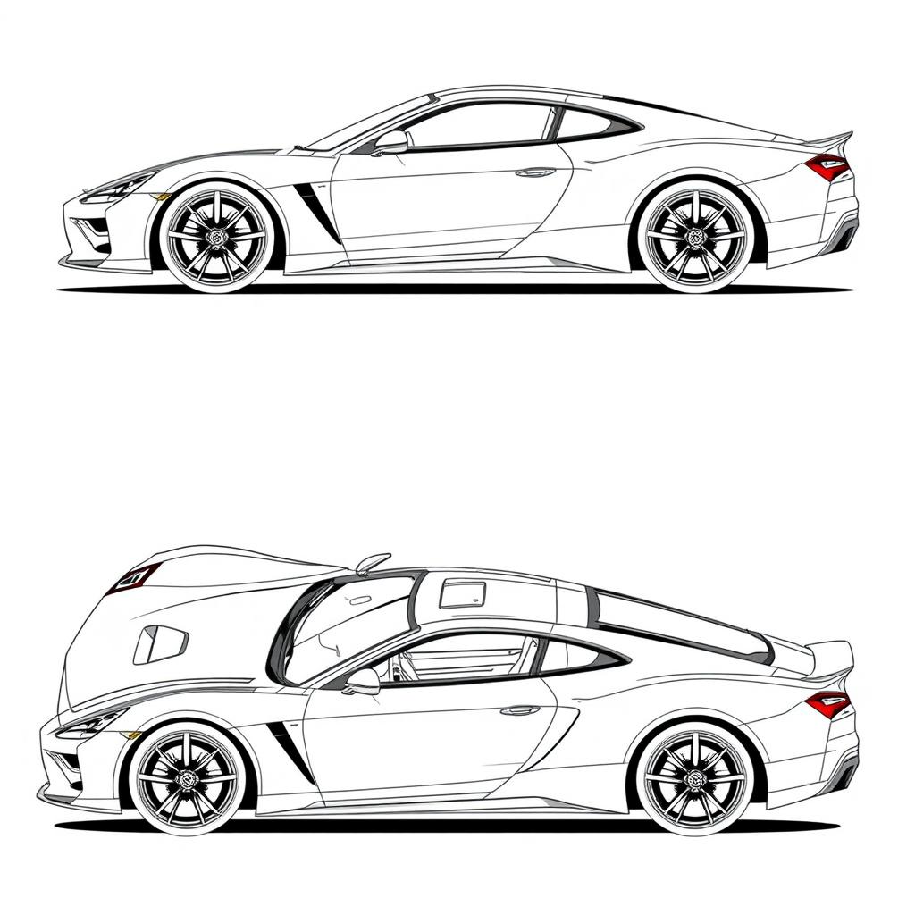 A comprehensive blueprint of a modern sports car, featuring views from the right, front, back, and top directions, without any duplicates