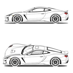 A comprehensive blueprint of a modern sports car, featuring views from the right, front, back, and top directions, without any duplicates