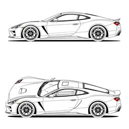 A comprehensive blueprint of a modern sports car, featuring views from the right, front, back, and top directions, without any duplicates