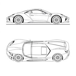 A comprehensive blueprint of a modern sports car, featuring views from the right, front, back, and top directions, without any duplicates