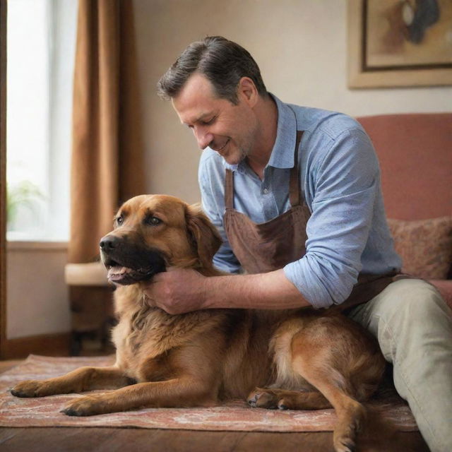 A charming image of a caring man tending to his brown dog, gently brushing its fur with a loving affection in a cozy home setting.