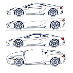 A comprehensive blueprint of a modern sports car, featuring views from the right, front, back, and top directions, without any duplicates