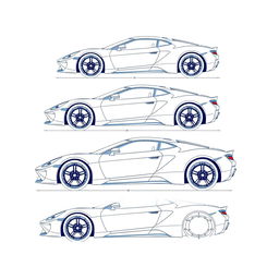 A comprehensive blueprint of a modern sports car, featuring views from the right, front, back, and top directions, without any duplicates