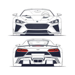 A detailed blueprint of a modern sports car, displaying views from the front and back directions without any duplicates