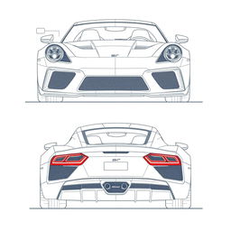 A detailed blueprint of a modern sports car, displaying views from the front and back directions without any duplicates