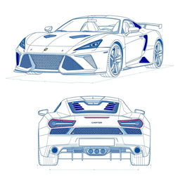 A detailed blueprint of a modern sports car, displaying views from the front and back directions without any duplicates