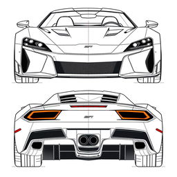 A detailed blueprint of a modern sports car, displaying views from the front and back directions without any duplicates