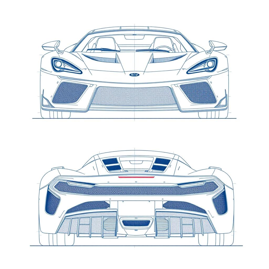 A meticulously detailed blueprint of a modern sports car, showcasing views from the front and back directions with no duplicates