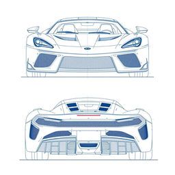 A meticulously detailed blueprint of a modern sports car, showcasing views from the front and back directions with no duplicates